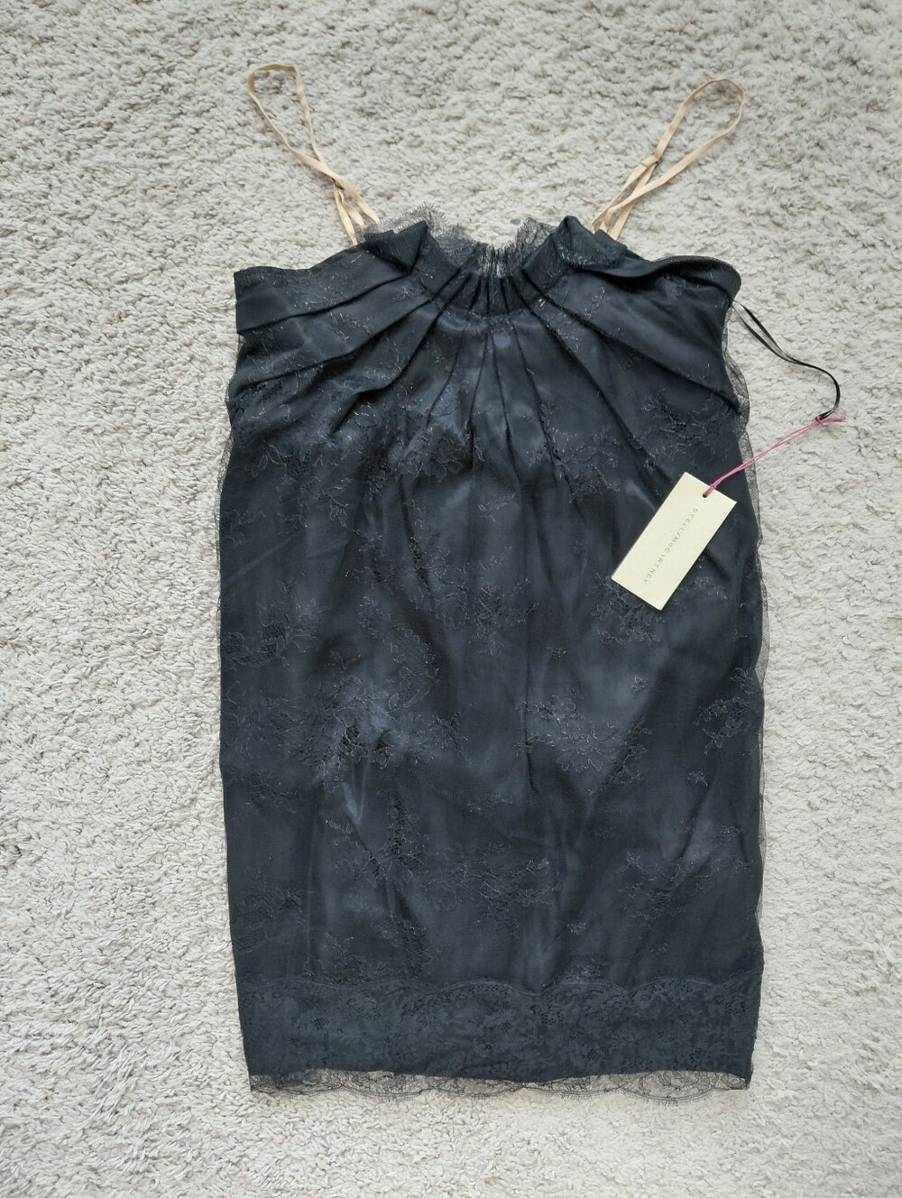 Stella McCartney Black Lace-Trim Mini Slip Dress with Nude Straps